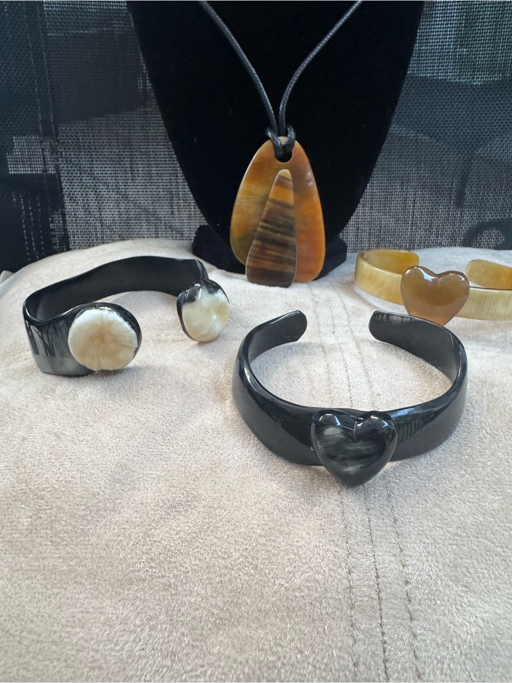 Handcrafted Black and Amber Resin Heart Cuff Bracelet & Pendant Set